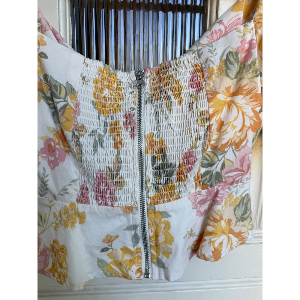 WAYF Garden Roses Floral Puff Sleeve Tie‎ Front Crop Top Yellow Pink Small NEW - Picture 8 of 8